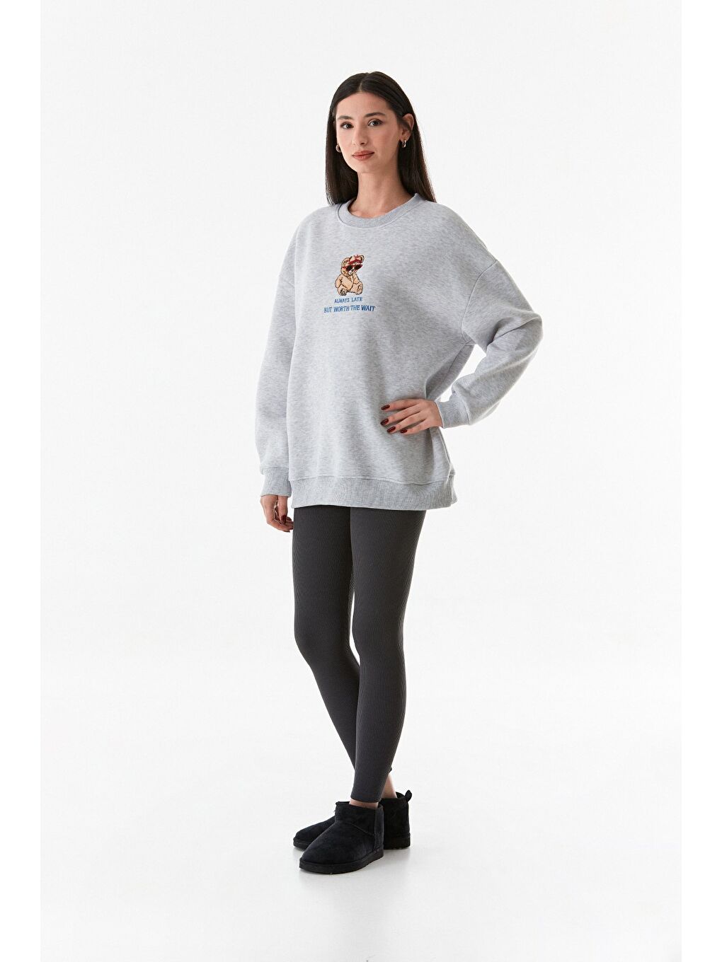 Fullamoda Gri 3 İplik Ayıcık Nakışlı  Bisiklet Yaka Oversize Sweatshirt - 3