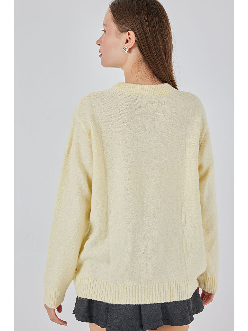 15895 Baklava Desenli Oversize Triko Kazak - A.Sarı-5