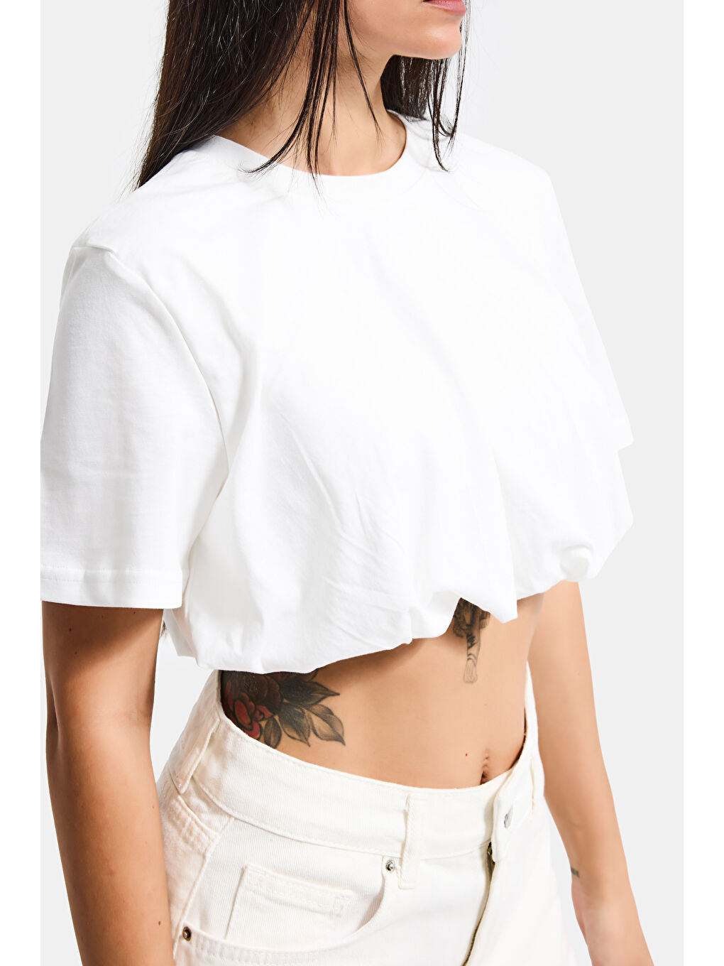 Kadın Kırık Beyaz s6-101 Crop Balon Fit T-Shirt-2