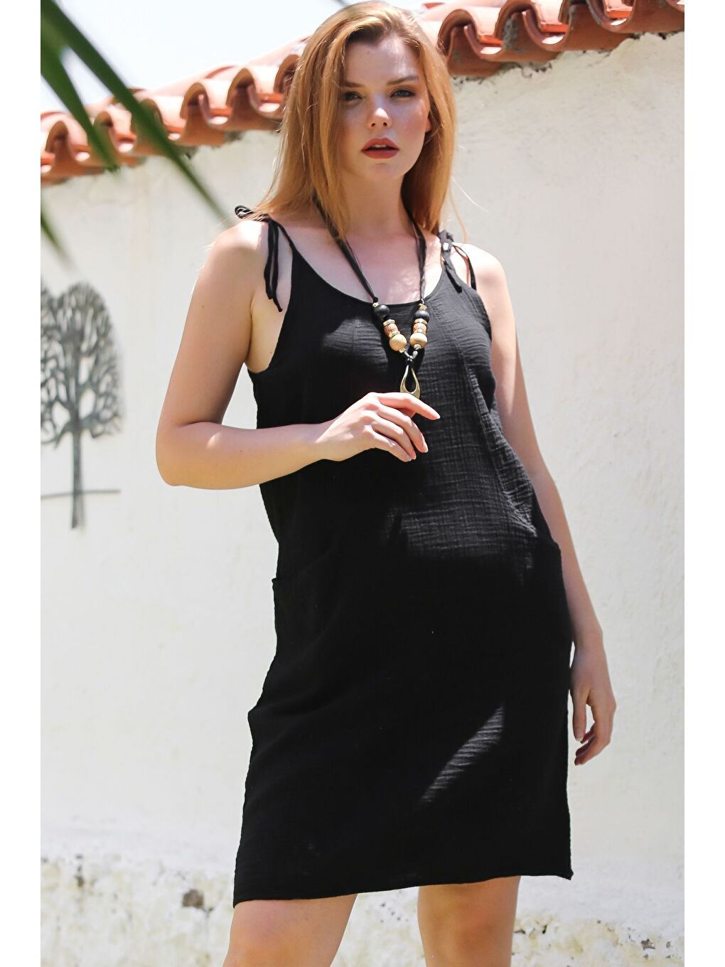 Siyah Havuz Yaka Kolsuz Bağlamalı Cepli Yıkamalı Casual Dokuma Elbise 99 55