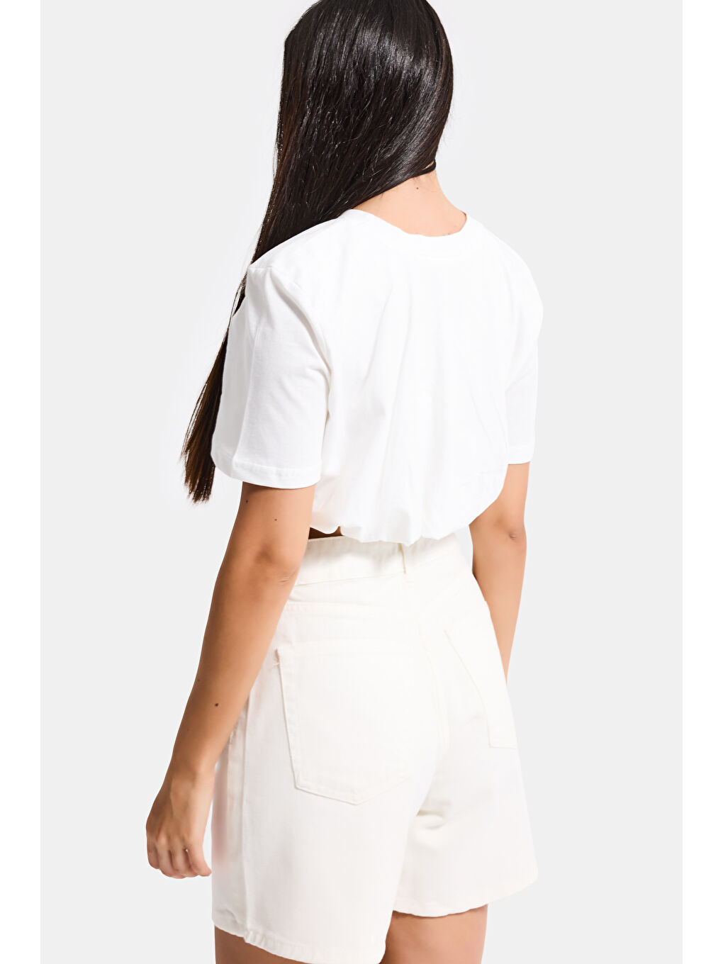Kadın Kırık Beyaz s6-101 Crop Balon Fit T-Shirt-3
