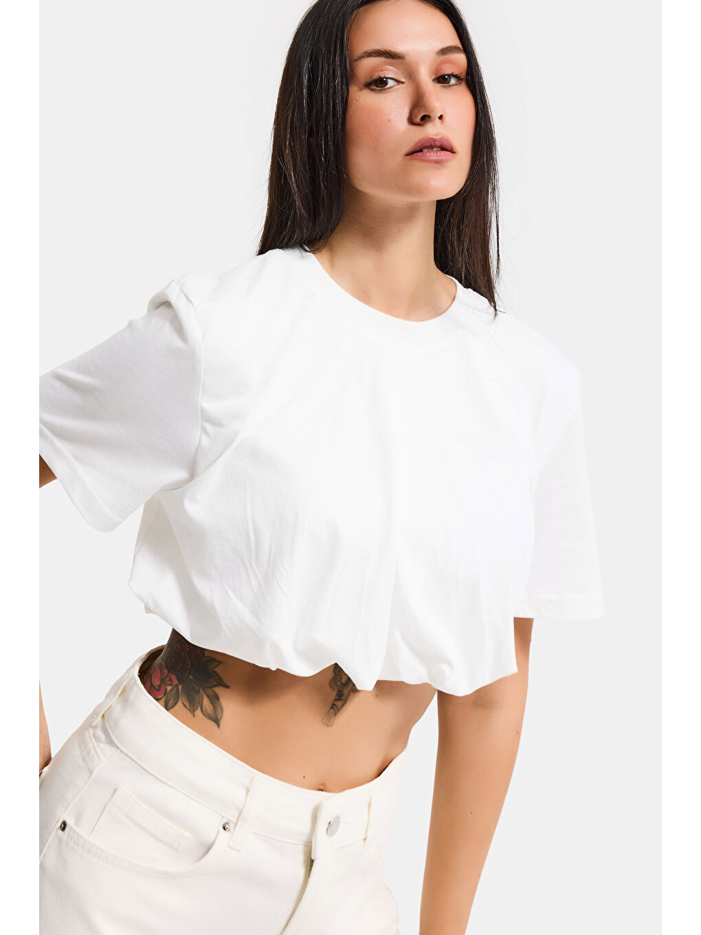 Kadın Kırık Beyaz s6-101 Crop Balon Fit T-Shirt-4