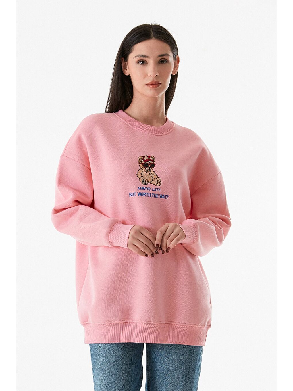 Fullamoda Pembe 3 İplik Ayıcık Nakışlı  Bisiklet Yaka Oversize Sweatshirt