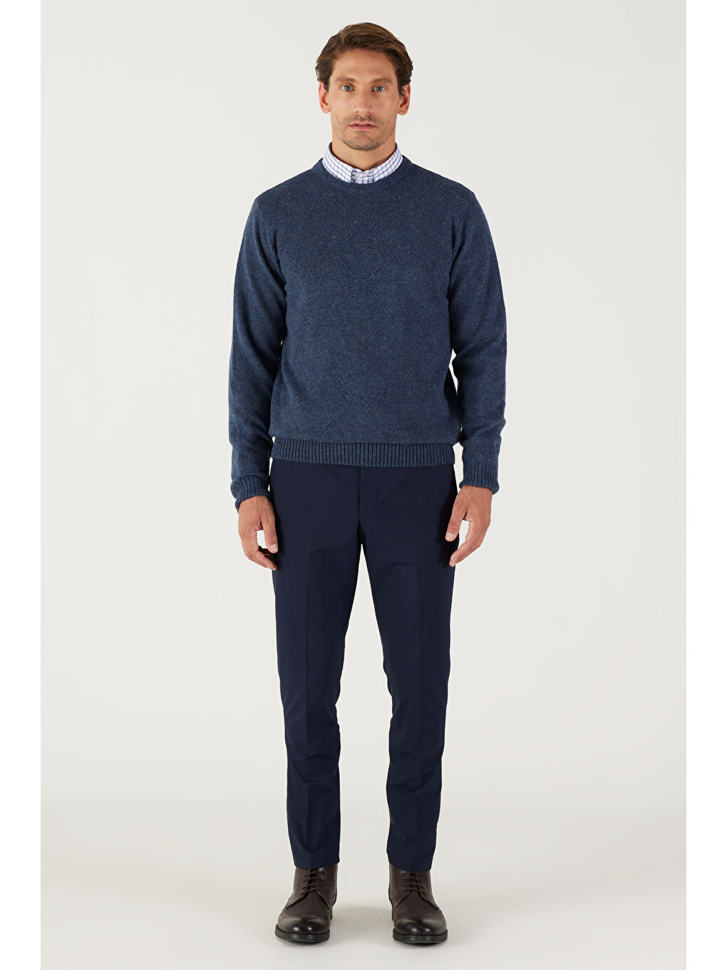 Erkek Havacı Mavi Standart Fit Normal Kesim Bisiklet Yaka Jakarlı Triko Kazak-4