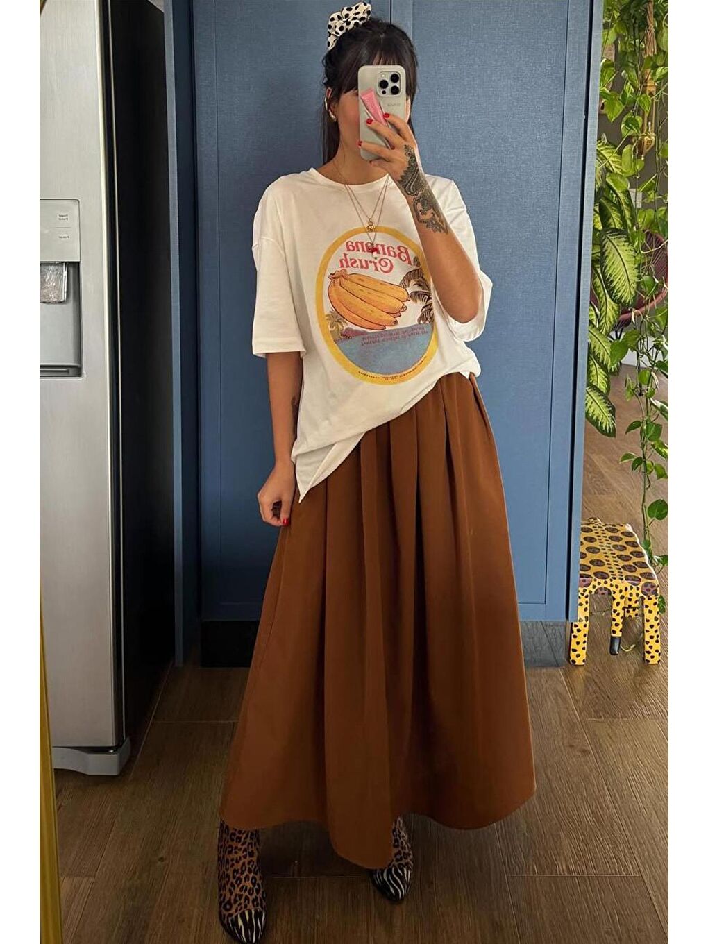 Ekru %100 Pamuklu Baskılı Kadın Tişört Mg2382-9