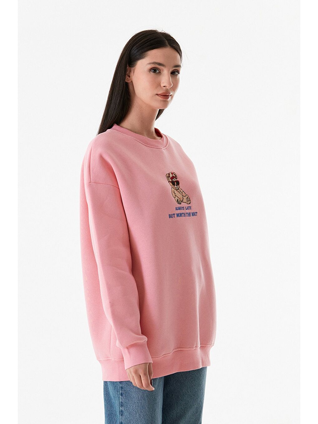 Fullamoda Pembe 3 İplik Ayıcık Nakışlı  Bisiklet Yaka Oversize Sweatshirt - 2