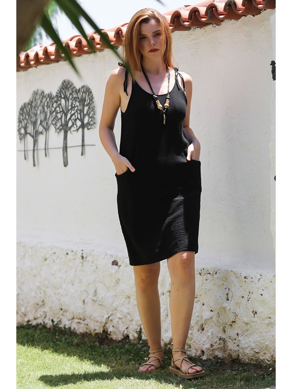 Siyah Havuz Yaka Kolsuz Bağlamalı Cepli Yıkamalı Casual Dokuma Elbise 99 55-5