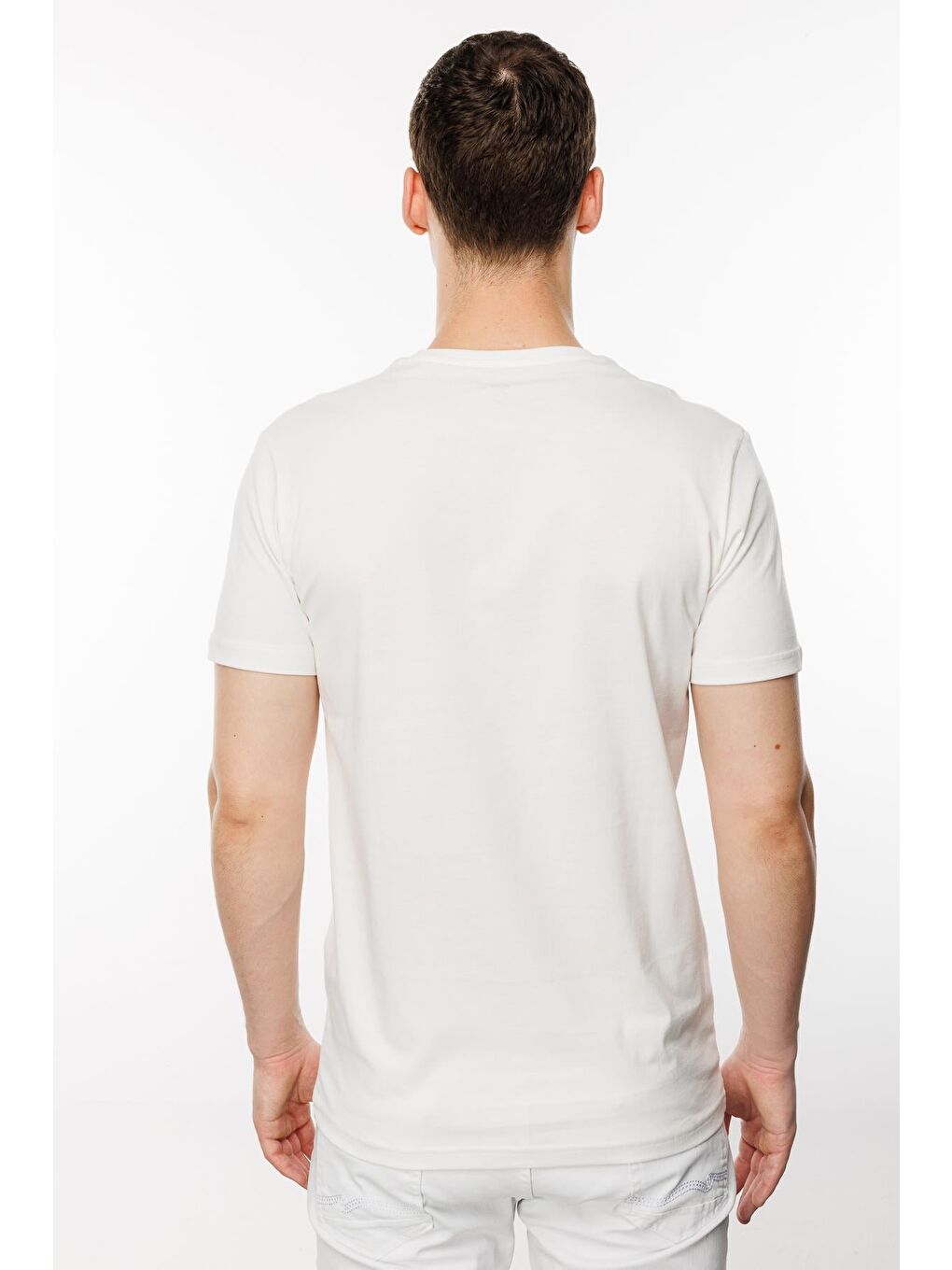 Beyaz Standart Fit Dar Kalıp Bisiklet Yaka Baskılı Kısa Kollu  %100 Pamuk Tişört-1