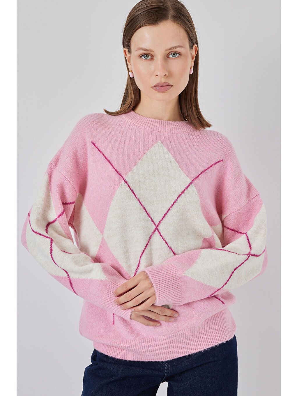 15895 Baklava Desenli Oversize Triko Kazak - C. Pembe