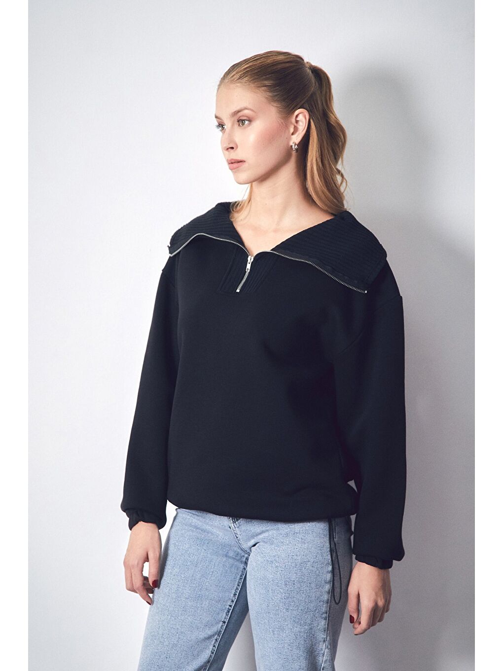 Fullamoda Siyah 3 İplik Yarım Fermuarlı Beli Stoperli Sweatshirt - 2