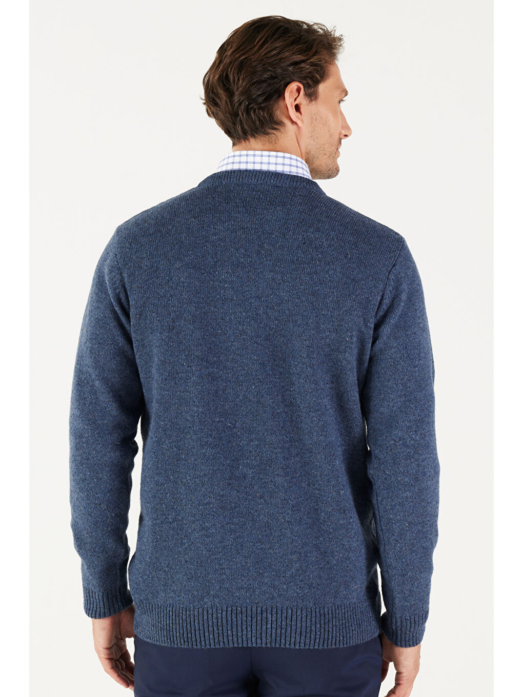 Erkek Havacı Mavi Standart Fit Normal Kesim Bisiklet Yaka Jakarlı Triko Kazak-5