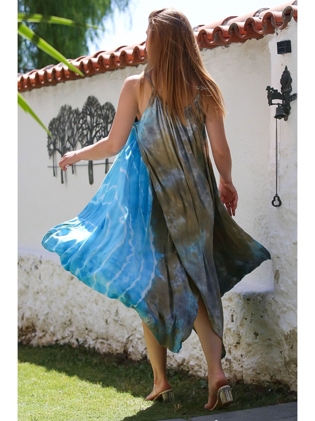 İtalyan Mavi-Bej Batik Ayarlanabilir Askılı Casual Viskon Dokuma Elbise 130 64-1