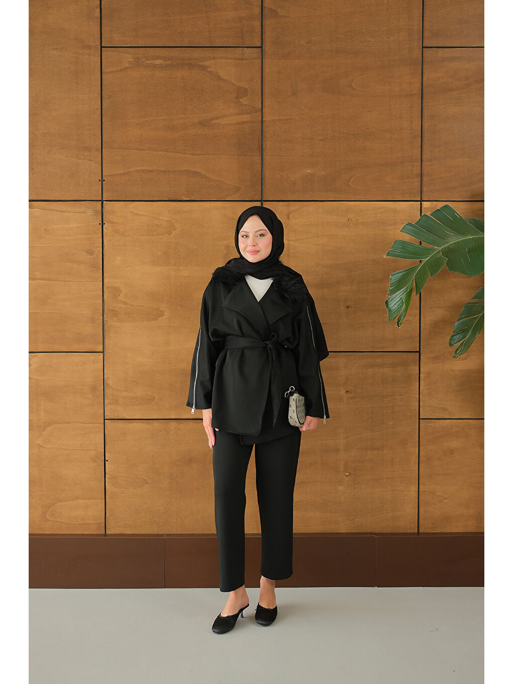 Kadın Kolları Fermuar Detay Takım Siyah-2