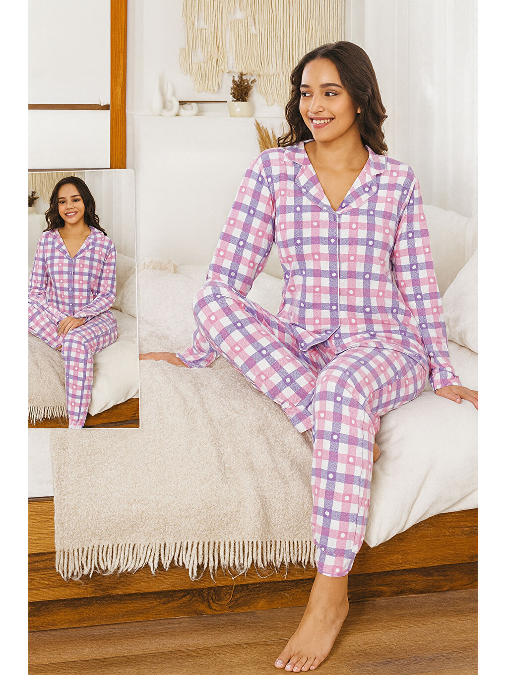 Beyaz Kadın Ekose Desen Suprem Pijama Takımı 0460 Pembe07-1