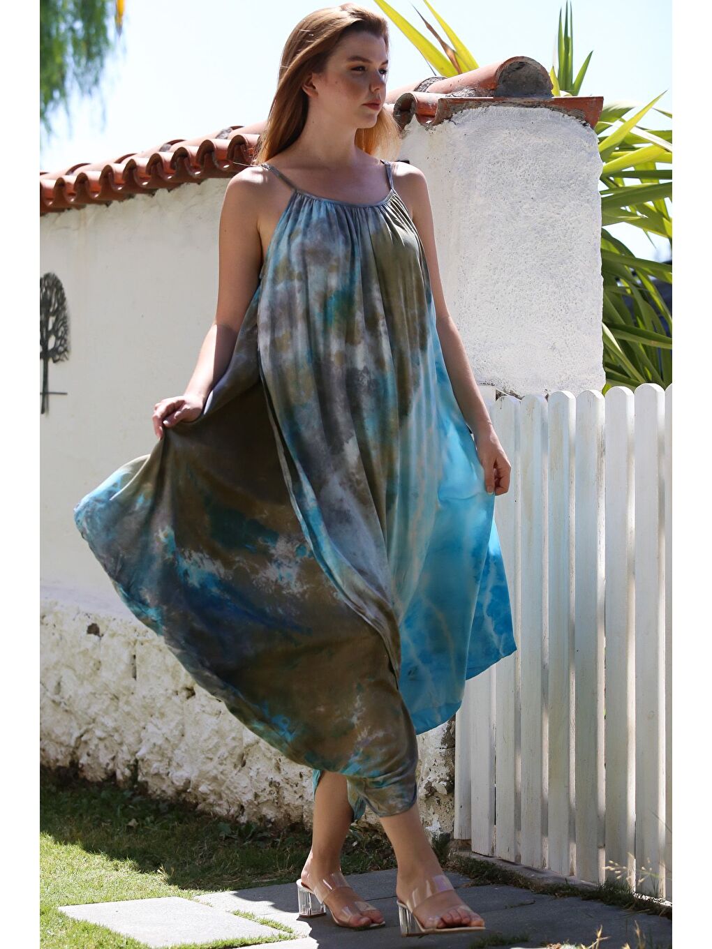 İtalyan Mavi-Bej Batik Ayarlanabilir Askılı Casual Viskon Dokuma Elbise 130 64-2