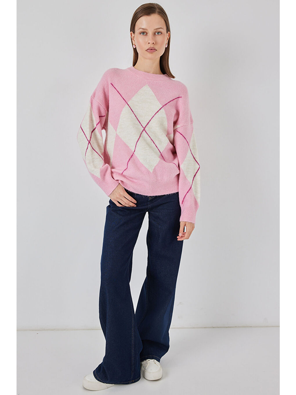 15895 Baklava Desenli Oversize Triko Kazak - C. Pembe-1