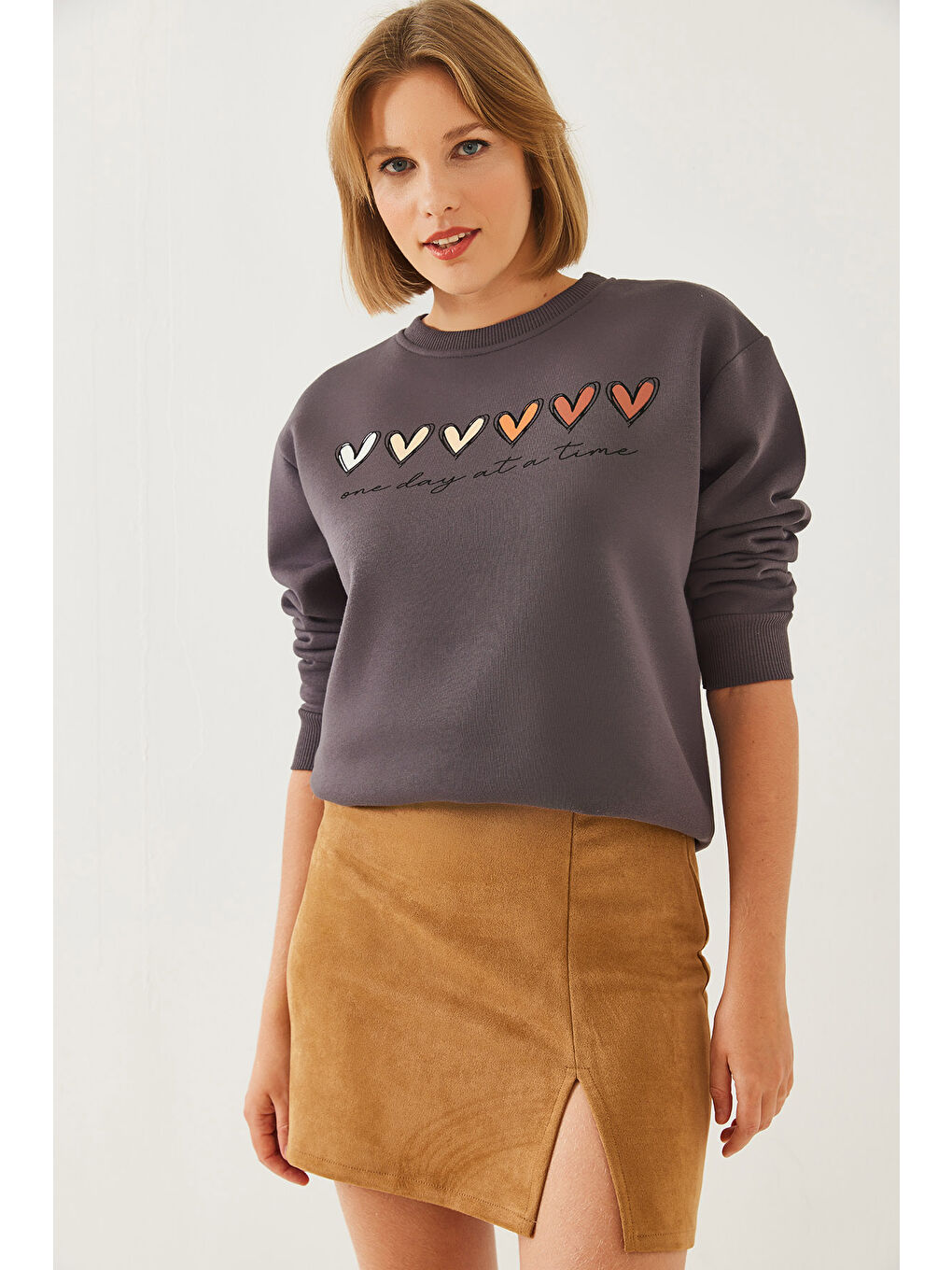 SHADE Gri Kadın Üç İplik Şardonlu Renkli Kalp Baskılı Sweatshirt Mbhs - 2