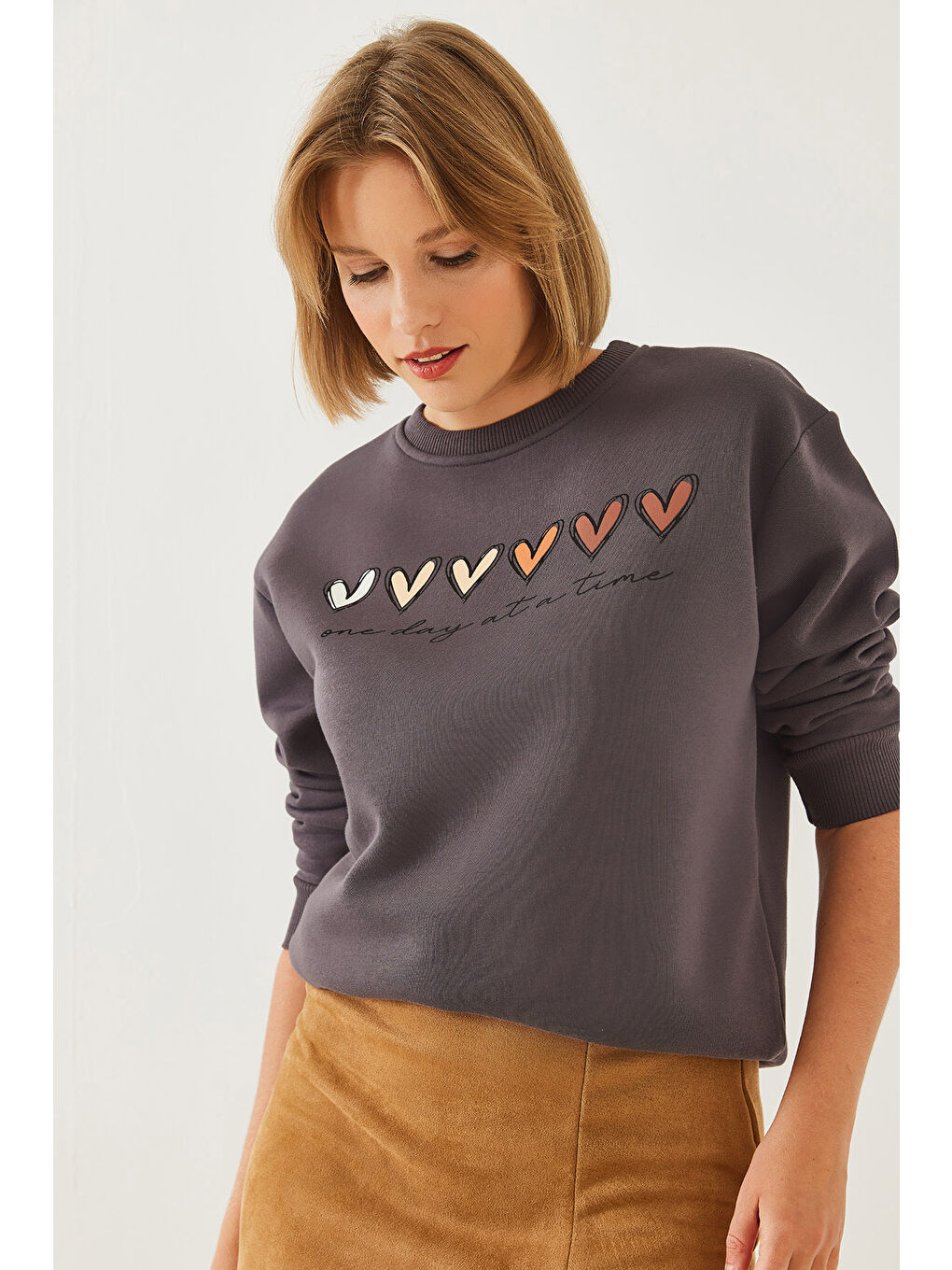 SHADE Gri Kadın Üç İplik Şardonlu Renkli Kalp Baskılı Sweatshirt Mbhs - 3