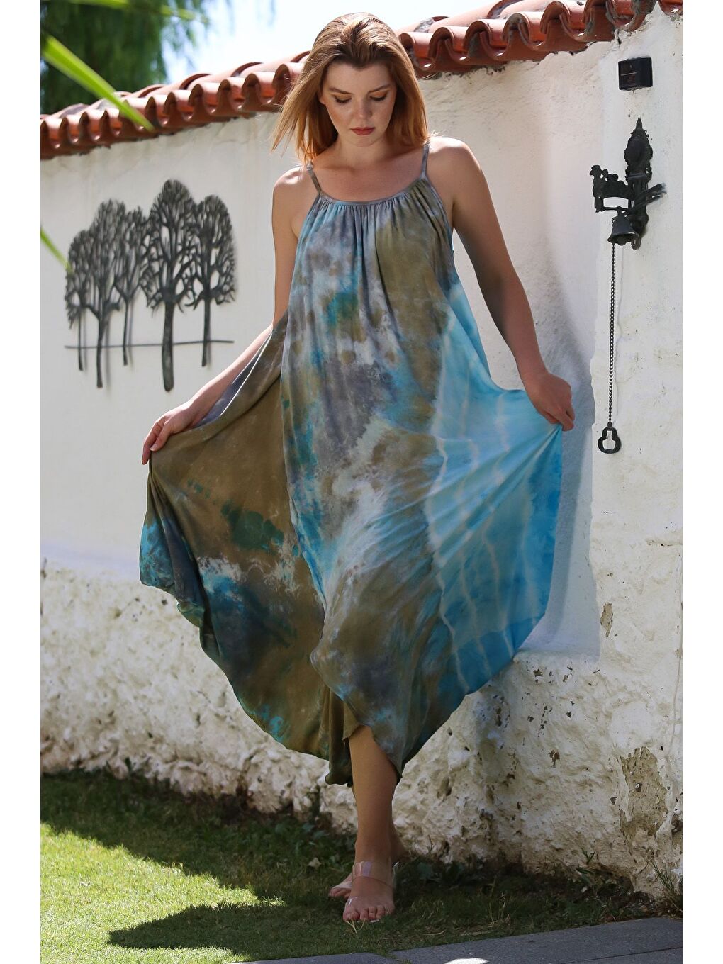 İtalyan Mavi-Bej Batik Ayarlanabilir Askılı Casual Viskon Dokuma Elbise 130 64-4