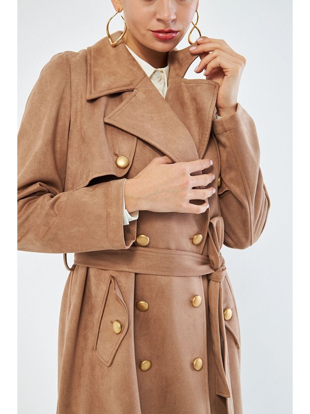 Süet Dokulu Bej Trençkot-1