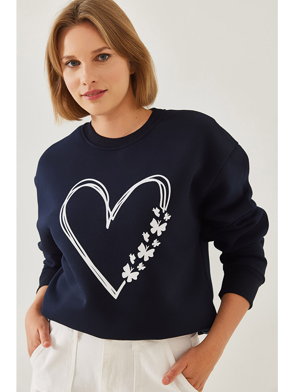 Lacivert Kadın Baskılı Kalp Detaylı Bisiklet Yaka İplik Şardonlu Sweatshirt-2