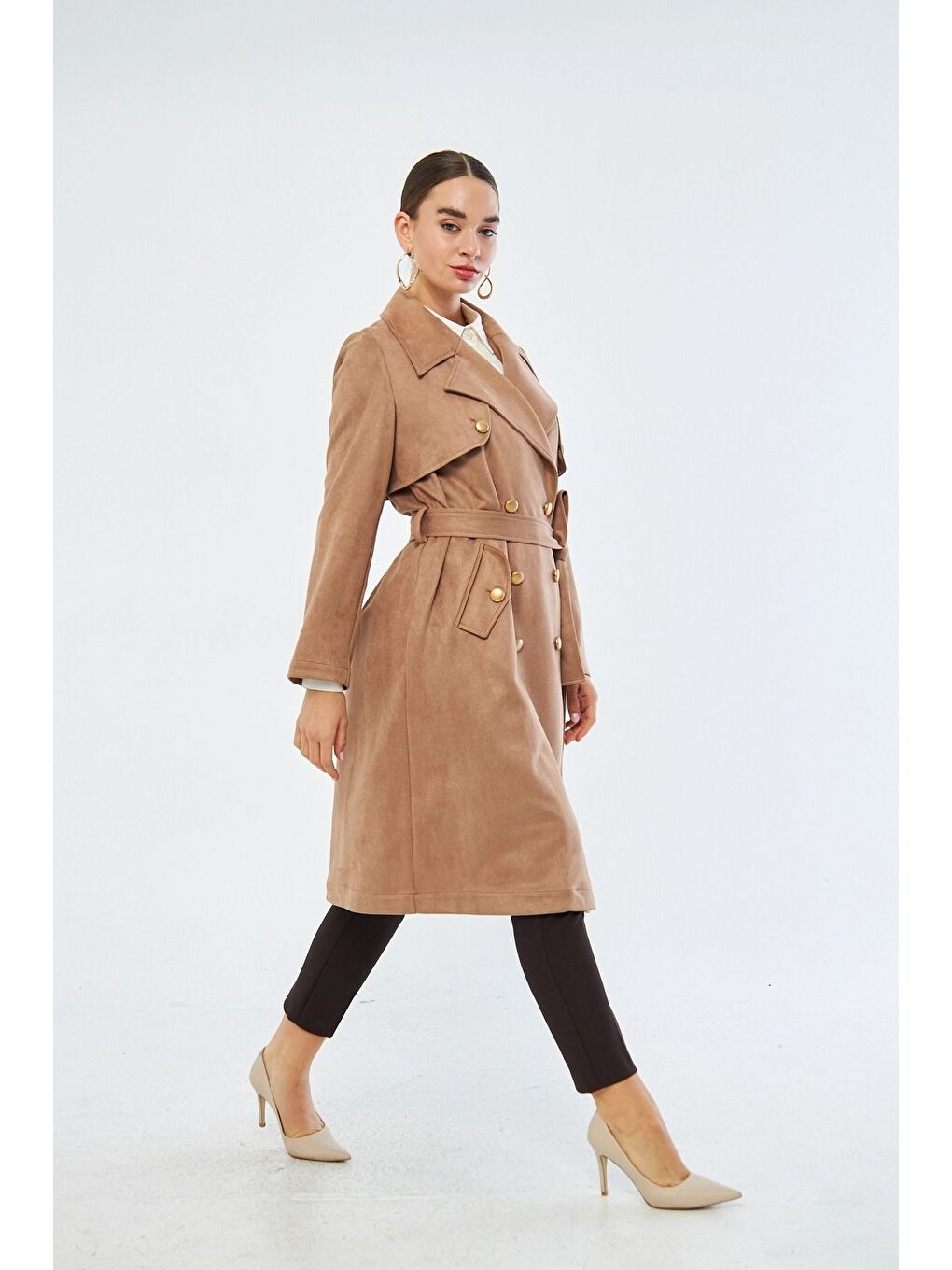 Süet Dokulu Bej Trençkot-2