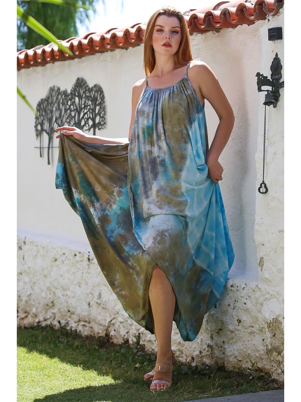 İtalyan Mavi-Bej Batik Ayarlanabilir Askılı Casual Viskon Dokuma Elbise 130 64-5