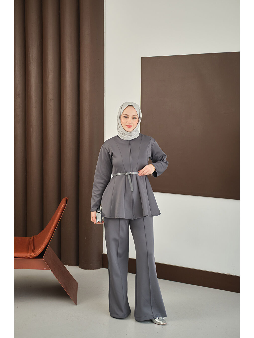 Kadın Fermuarlı Scuba Takım Antrasit-1