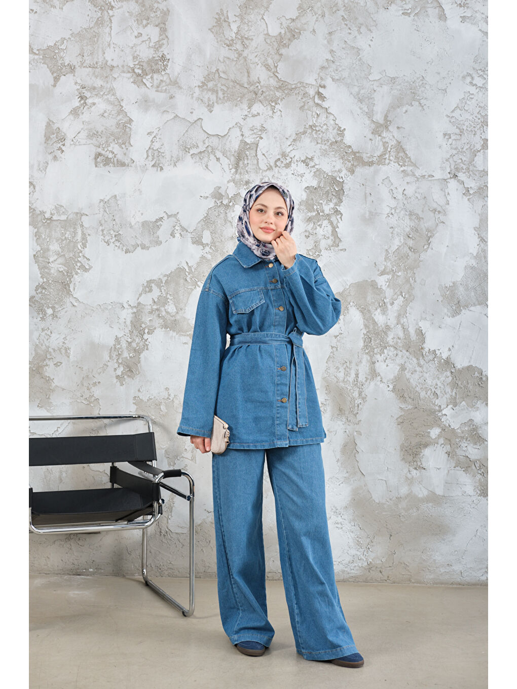 Kadın Cep Detay Bel Bağlamalı Jean Takım Mavi-2