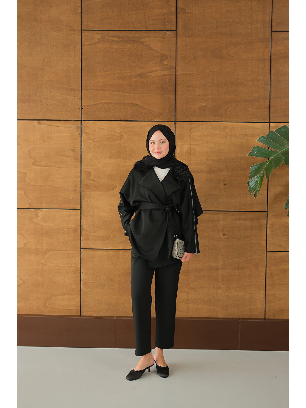 Kadın Kolları Fermuar Detay Takım Siyah-3