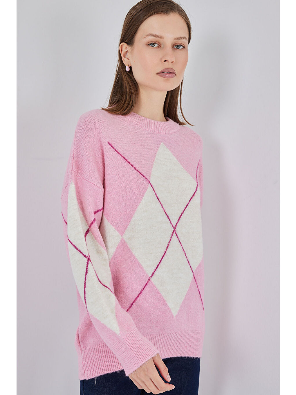 15895 Baklava Desenli Oversize Triko Kazak - C. Pembe-2