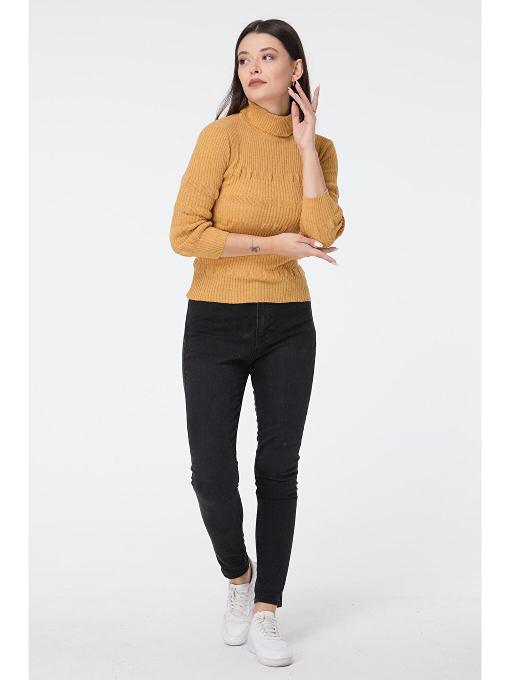 Balıkcı Yaka Kadın Sarı Teiko Kazak - 23542-1