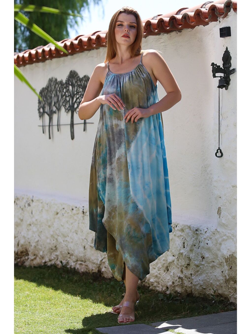 İtalyan Mavi-Bej Batik Ayarlanabilir Askılı Casual Viskon Dokuma Elbise 130 64-6