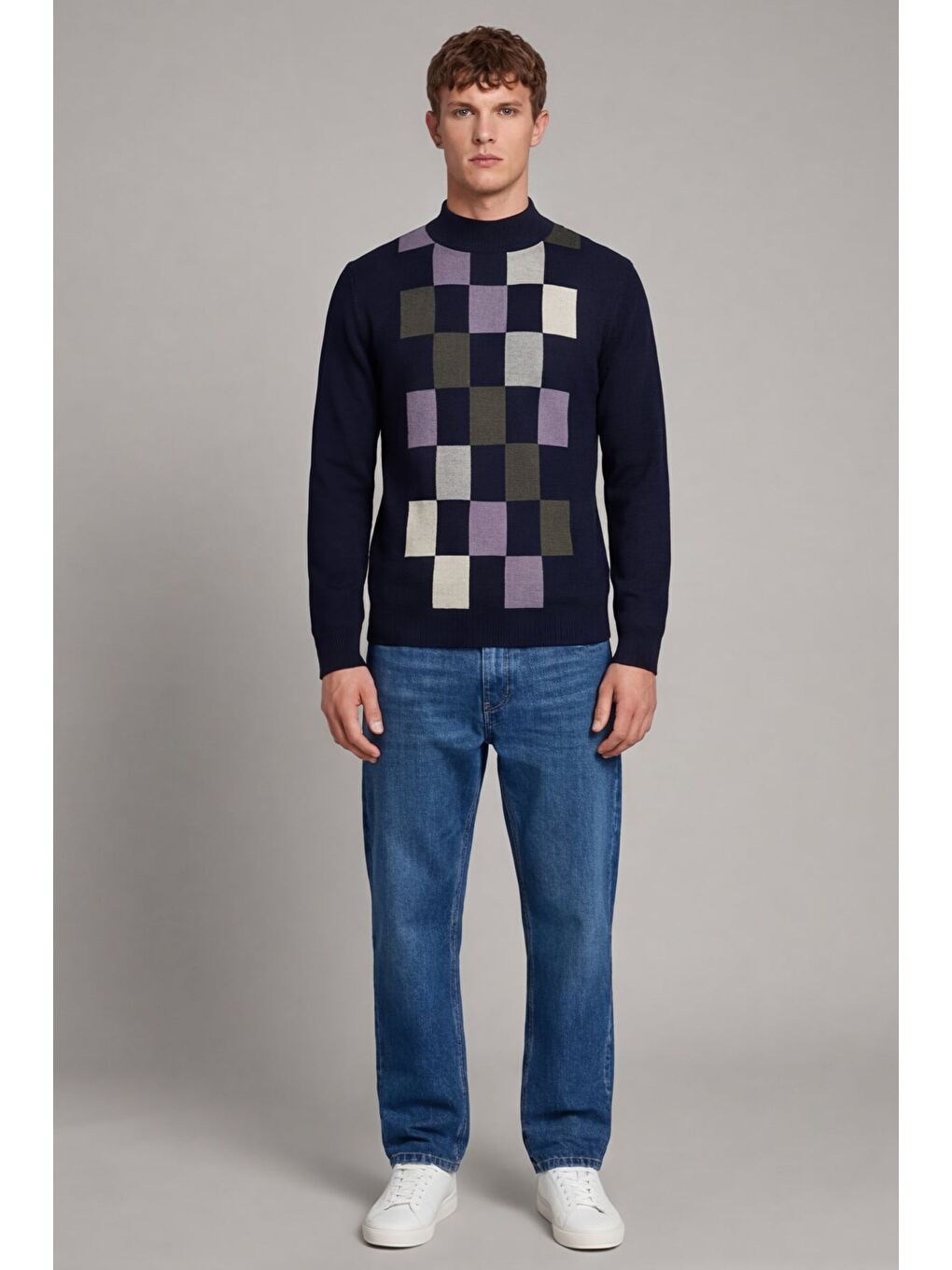 Erkek Lacivert Normal Kesim Regular Fit Yünlü Dokuma Desenli Triko Kazak-1