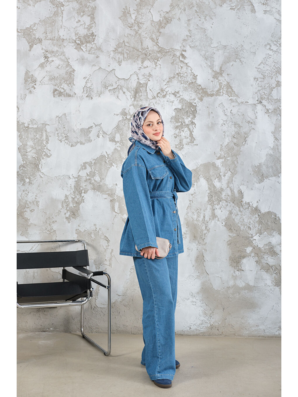 Kadın Cep Detay Bel Bağlamalı Jean Takım Mavi-3