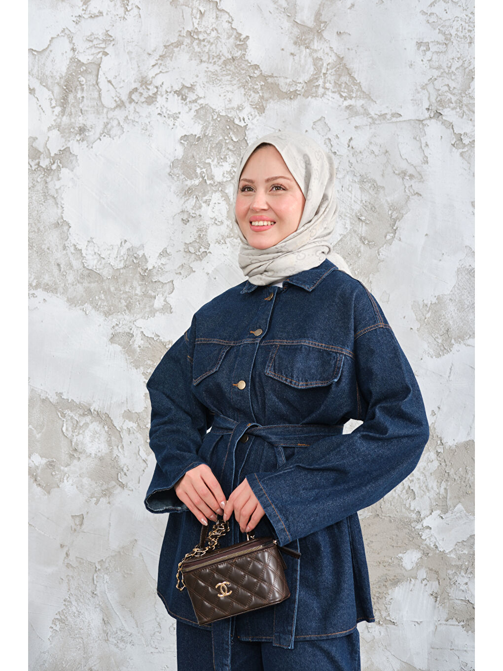 Kadın Cep Detay Bel Bağlamalı Jean Takım Lacivert-1