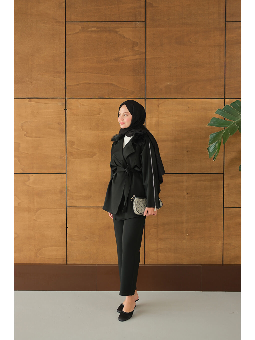 Kadın Kolları Fermuar Detay Takım Siyah-4