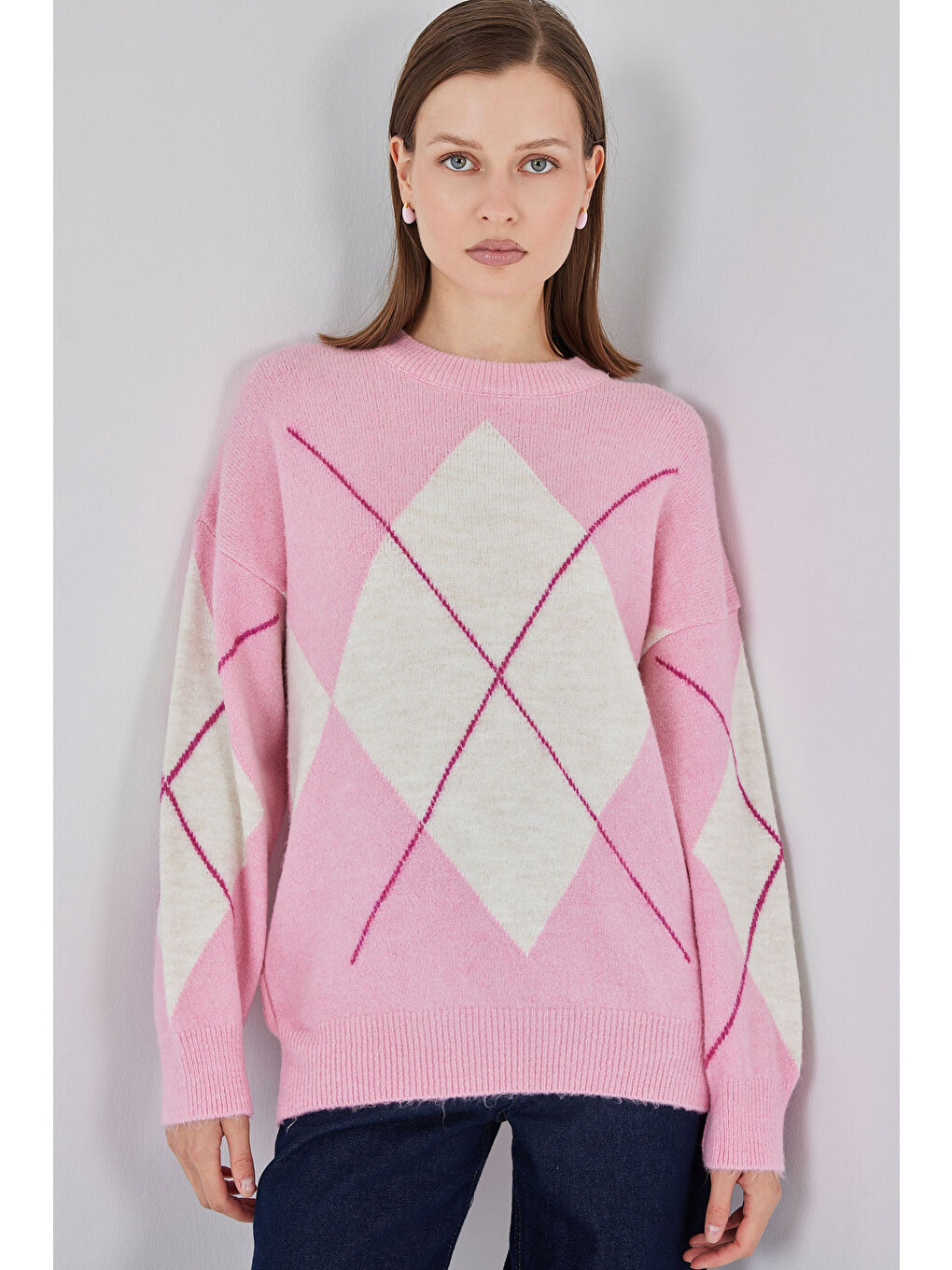 15895 Baklava Desenli Oversize Triko Kazak - C. Pembe-3