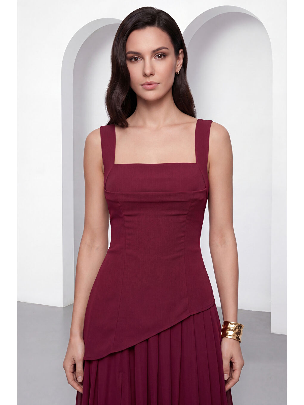 Kadın Bordo Kare Yaka Yırtmaçlı  Uzun Davet Elbisesi-1