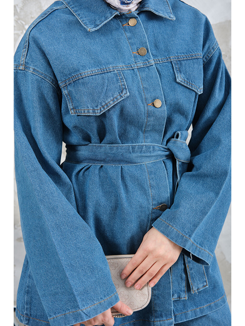 Kadın Cep Detay Bel Bağlamalı Jean Takım Mavi-4