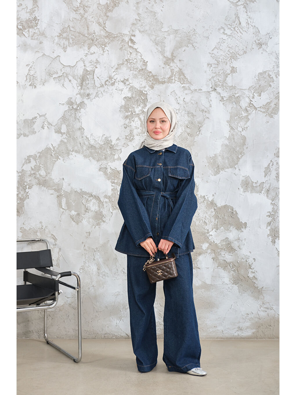 Kadın Cep Detay Bel Bağlamalı Jean Takım Lacivert-2
