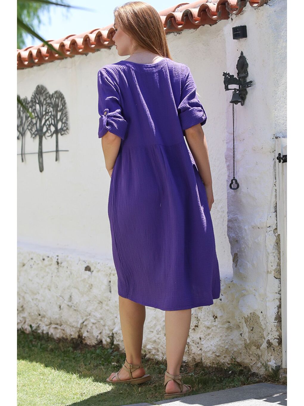 Mor Yuvarlak Yaka Düğmeli Uzun Kollu Cepli Yıkamalı Casual Müslin Dokuma Elbise 107 60-1