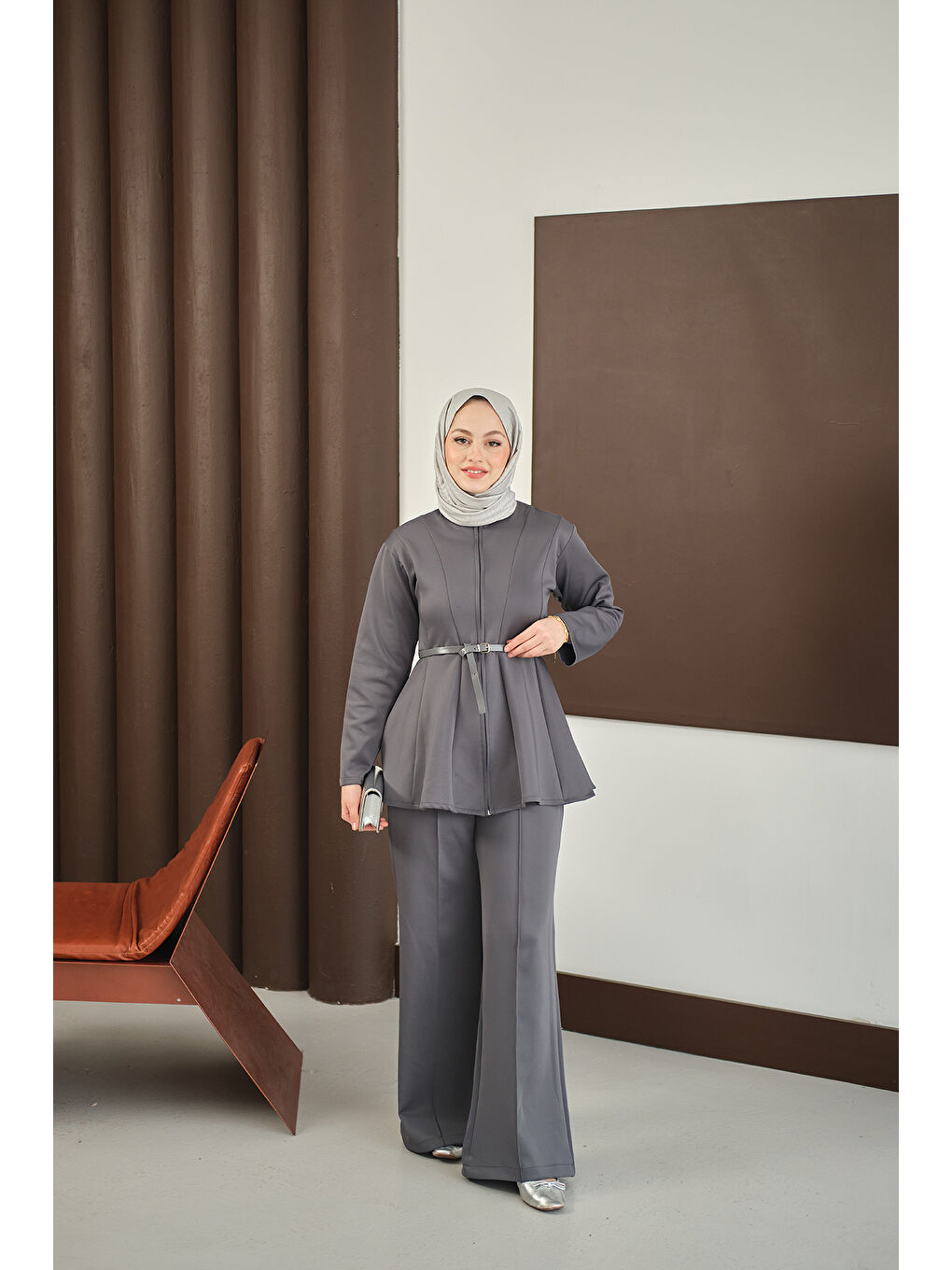 Kadın Fermuarlı Scuba Takım Antrasit-3