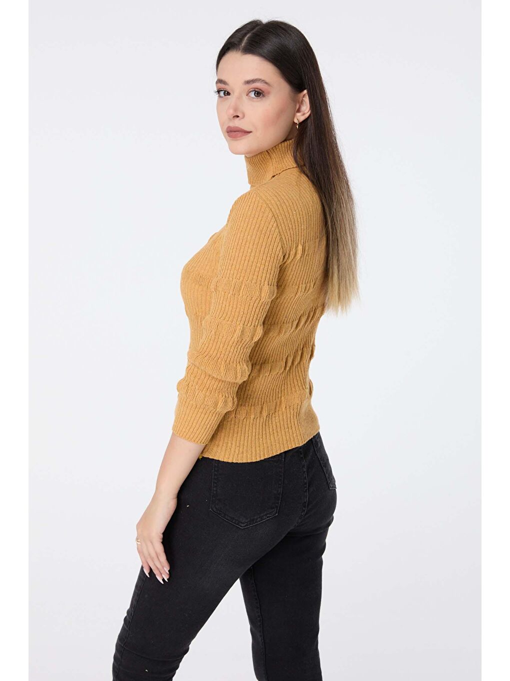 Balıkcı Yaka Kadın Sarı Teiko Kazak - 23542-3