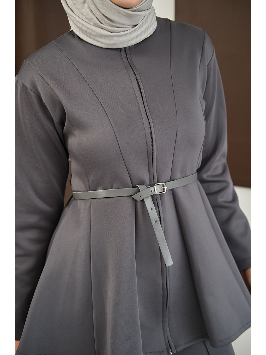 Kadın Fermuarlı Scuba Takım Antrasit-4