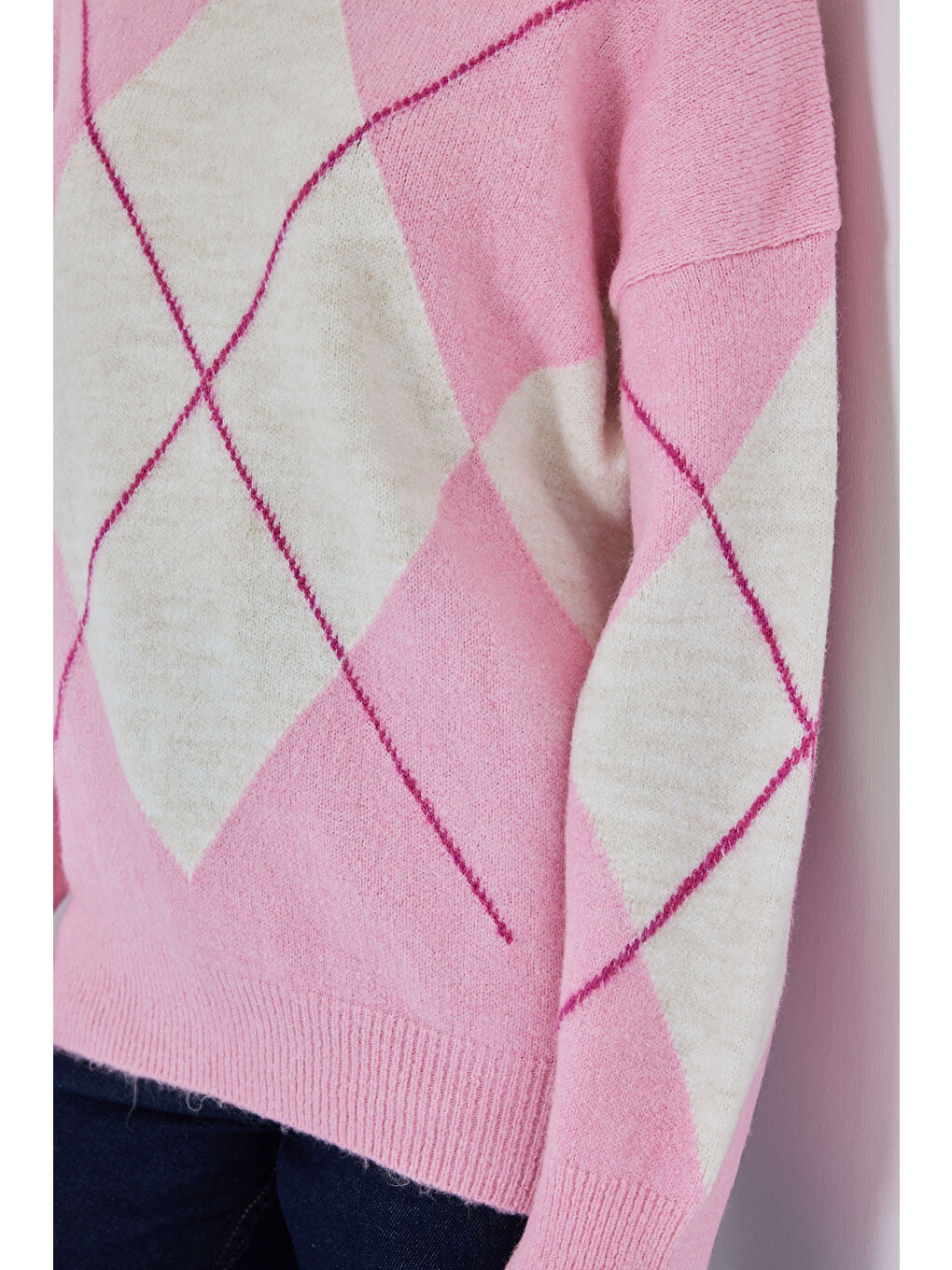 15895 Baklava Desenli Oversize Triko Kazak - C. Pembe-4