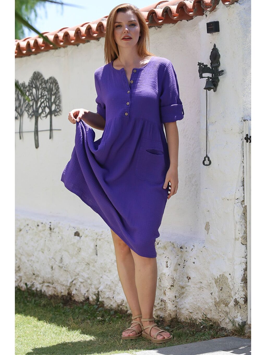 Mor Yuvarlak Yaka Düğmeli Uzun Kollu Cepli Yıkamalı Casual Müslin Dokuma Elbise 107 60-5