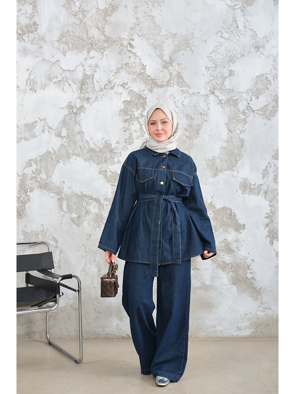 Kadın Cep Detay Bel Bağlamalı Jean Takım Lacivert-4