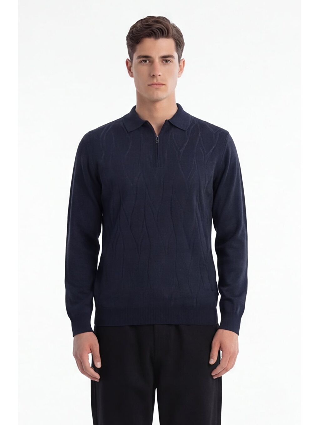 Erkek Lacivert Normal Kesim Regular Fit Yünlü Fermuarlı Polo Yaka Basic Triko Kazak