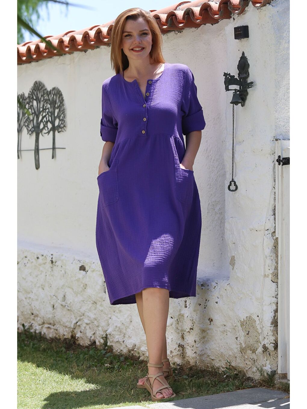 Mor Yuvarlak Yaka Düğmeli Uzun Kollu Cepli Yıkamalı Casual Müslin Dokuma Elbise 107 60-6